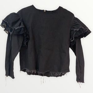 Zara Raw Hem Ruffle & Lace Shoulder Zip Back Snap Wrist Closure Black Small
